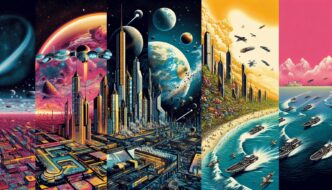 Paisagem futurista com cidades espaciais e naves.