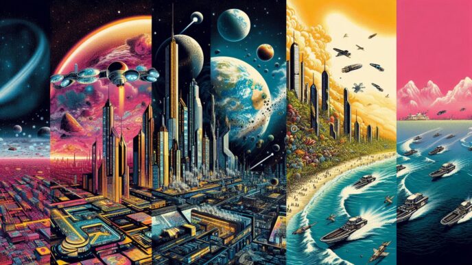 Paisagem futurista com cidades espaciais e naves.