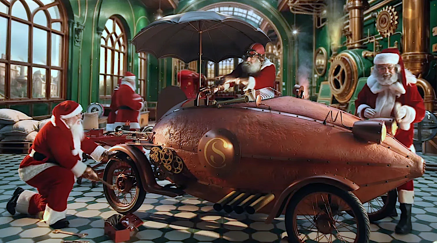 Papai Noel consertando carro noções steampunk