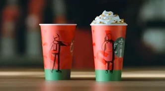 Copos natalinos decorados, café e chantilly.