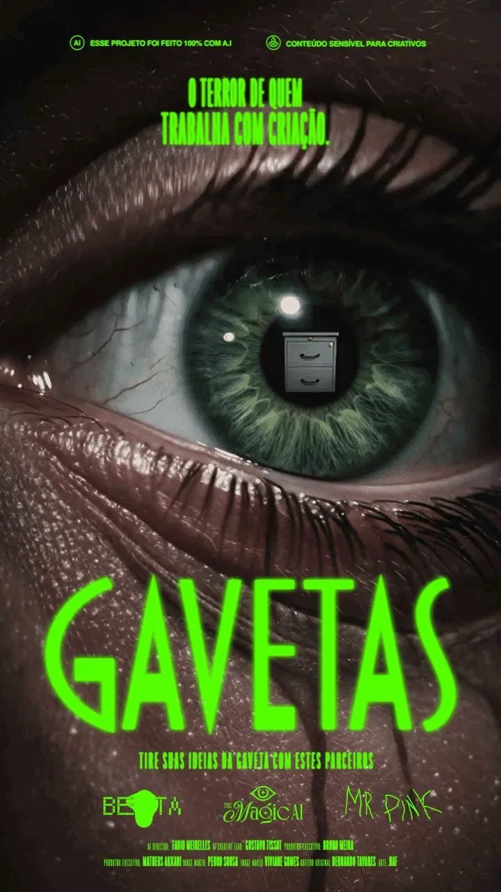 Pôster com olho aberto, título 'Gavetas' destacado.