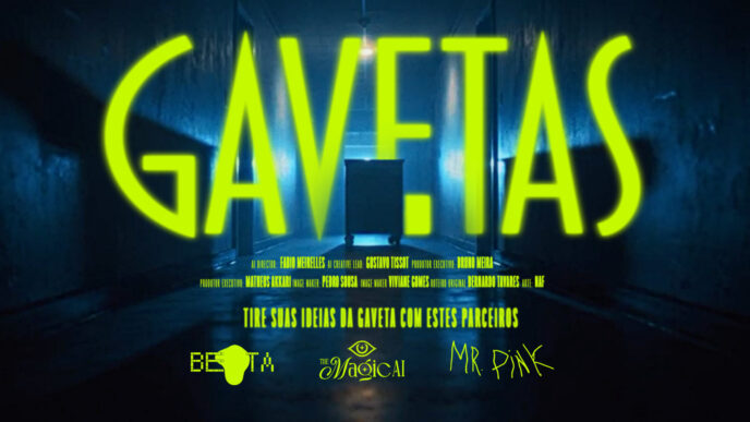 Texto GAVETAS sobre fundo de corredor escuro.