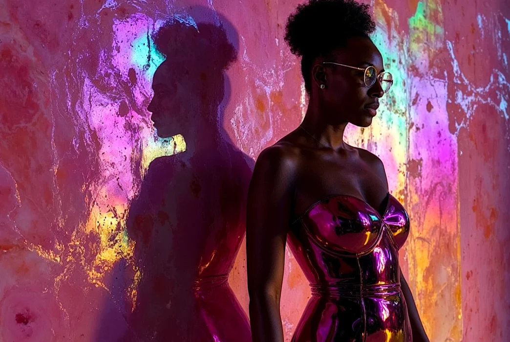 Mulher com vestido rosa refletindo luzes coloridas