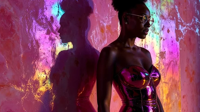 Mulher com vestido rosa refletindo luzes coloridas