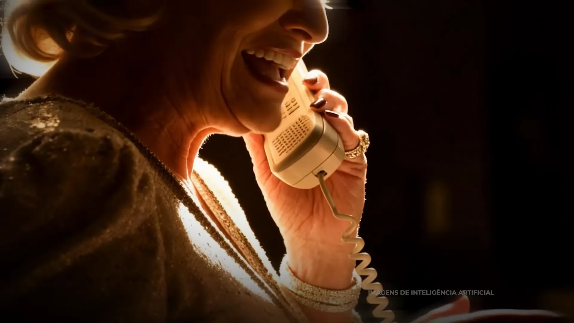 Mulher sorrindo ao telefone antigo