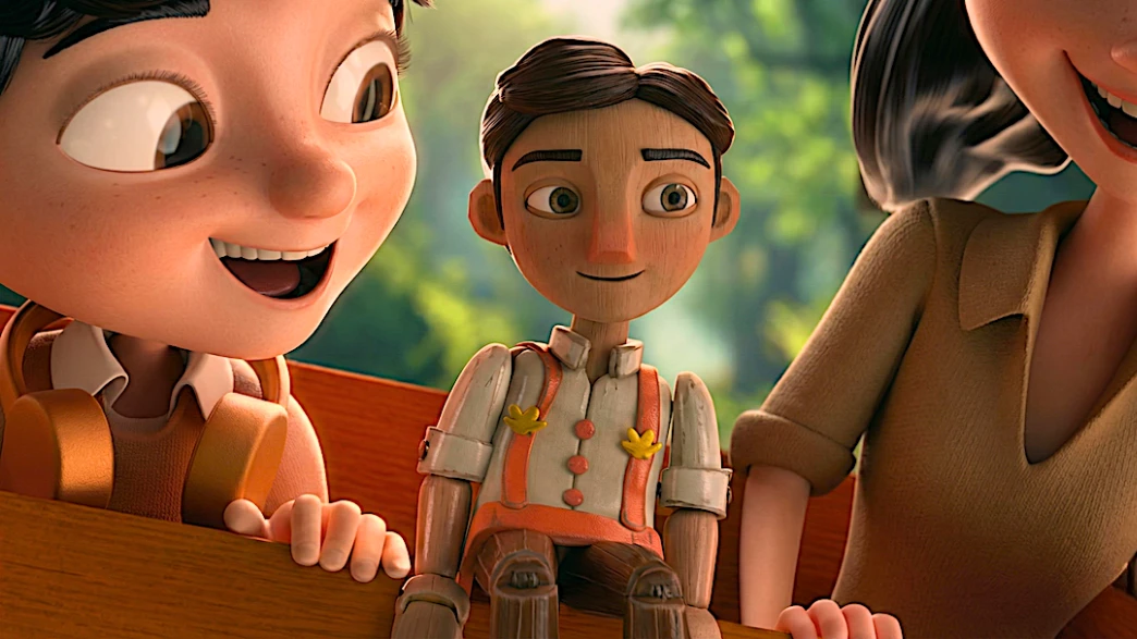 Boneco de madeira animado entre crianças felizes.