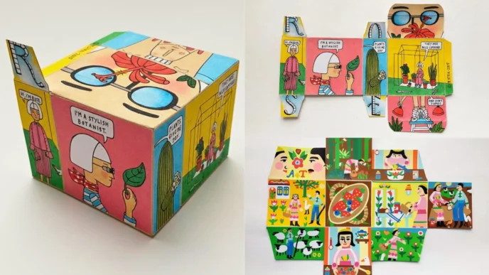 Caixa de papelão com ilustrações coloridas e divertidas.