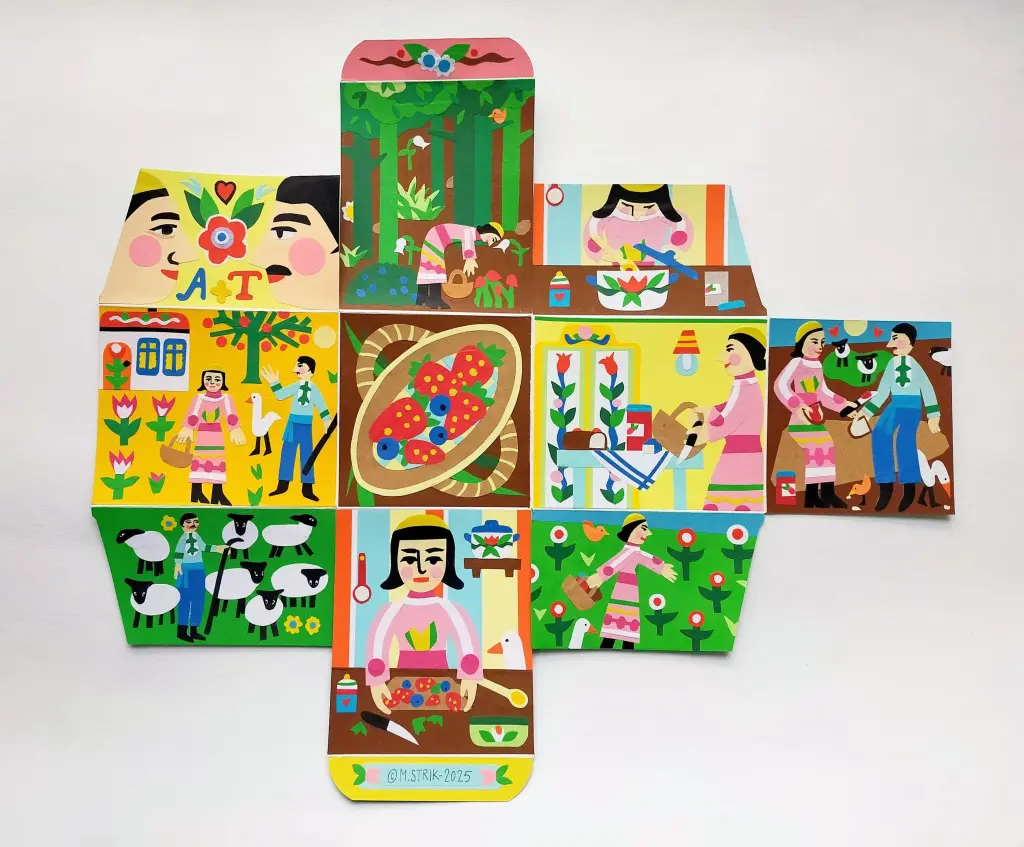 Arte colorida de cena rural com personagens.