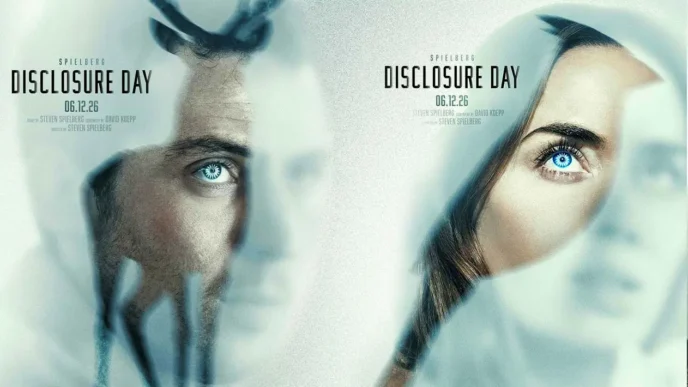 Cartaz do filme Disclosure Day, olhos azuis destacados.