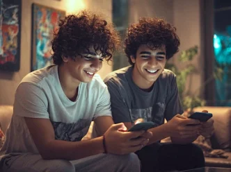 Dois jovens sorrindo, usando celulares na sala.