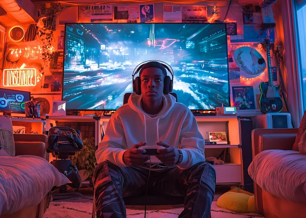 Jovem jogando videogame em ambiente iluminado.