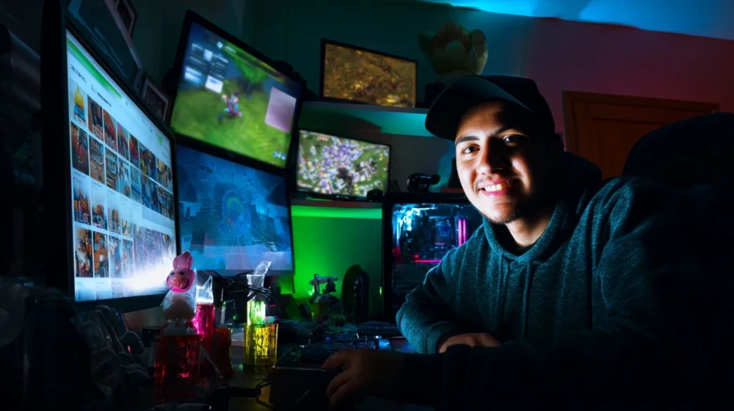 Pessoa sorrindo em setup gamer com telas iluminadas.