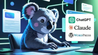 Coalinha digitando em computador, ícones ChatGPT, Claude, WordPress.