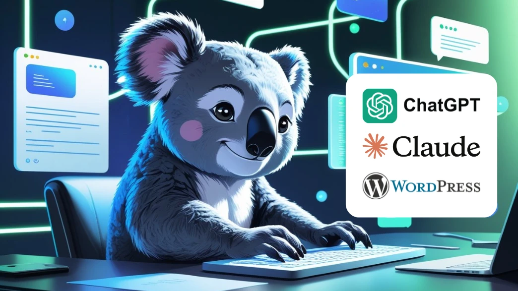 Coalinha digitando em computador, ícones ChatGPT, Claude, WordPress.