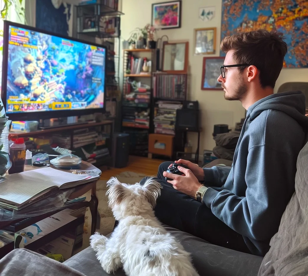 Pessoa jogando videogame com cachorro.