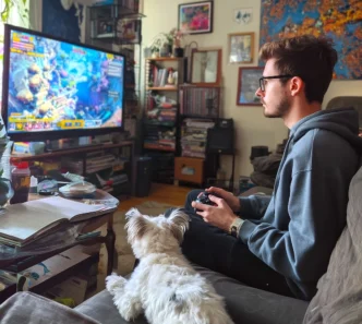 Pessoa jogando videogame com cachorro.