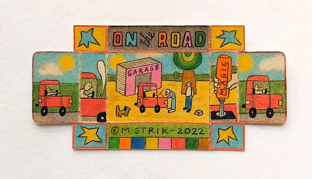 Desenho colorido de caminhonetes e oficina de mágica.