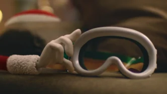 Mão segurando máscara de esqui branca.