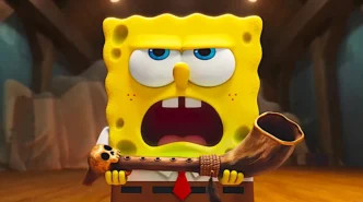 Personagem animado segurando um chifre de madeira.