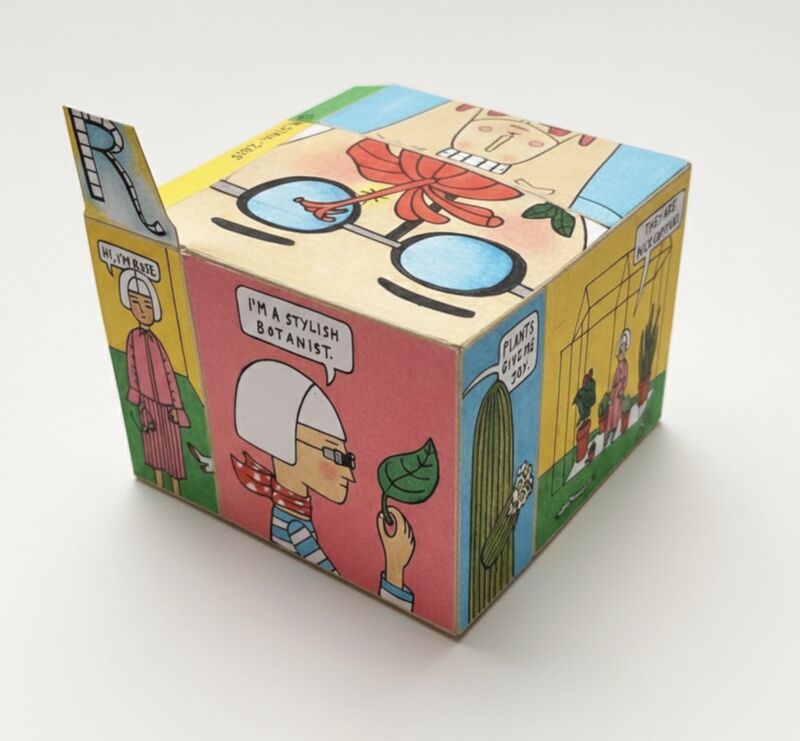 Caixa de papel com desenhos coloridos de botânico.