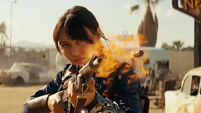 Mulher atirando com espingarda enquanto chamas surgem.