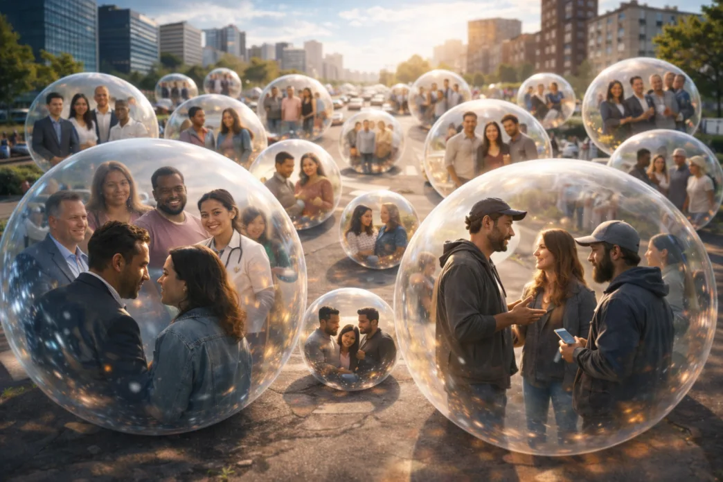 Pessoas em bolhas transparentes na rua movimentada.