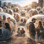 Pessoas em bolhas transparentes na rua movimentada.