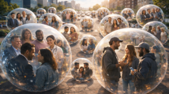 Pessoas em bolhas transparentes na rua movimentada.