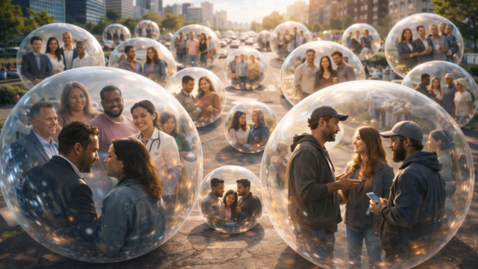 Pessoas em bolhas transparentes na rua movimentada.