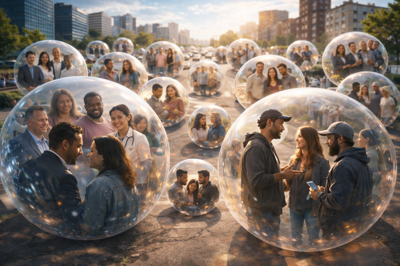 Pessoas em bolhas transparentes na rua movimentada.