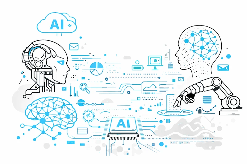65 principais termos de IA. Infográfico sobre inteligência artificial e robótica interconectados.