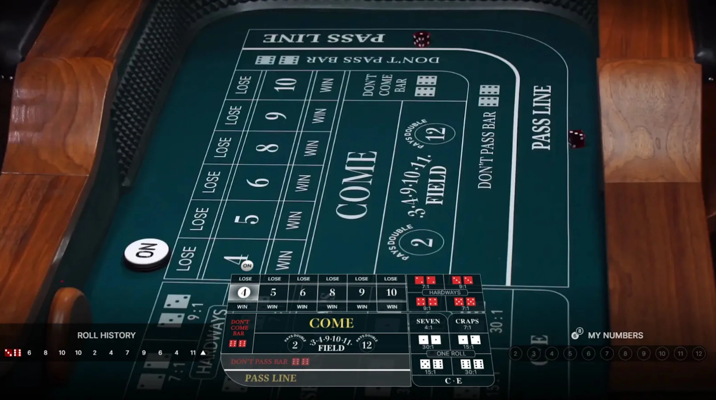 Mesa de jogo de craps em cassino.