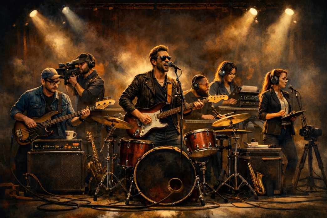 Banda performando em palco com instrumentos musicais.