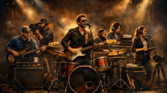 Banda performando em palco com instrumentos musicais.