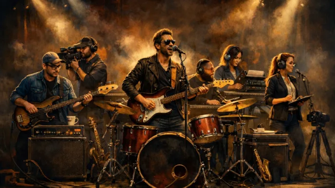 Banda performando em palco com instrumentos musicais.
