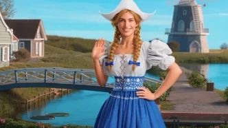 Mulher em traje folclórico perto de moinho.