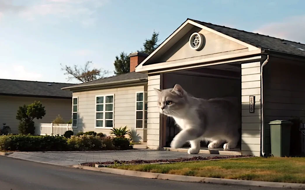 Gato gigante saindo da garagem de casa.