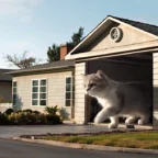 Gato gigante saindo da garagem de casa.