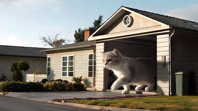 Gato gigante saindo da garagem de casa.