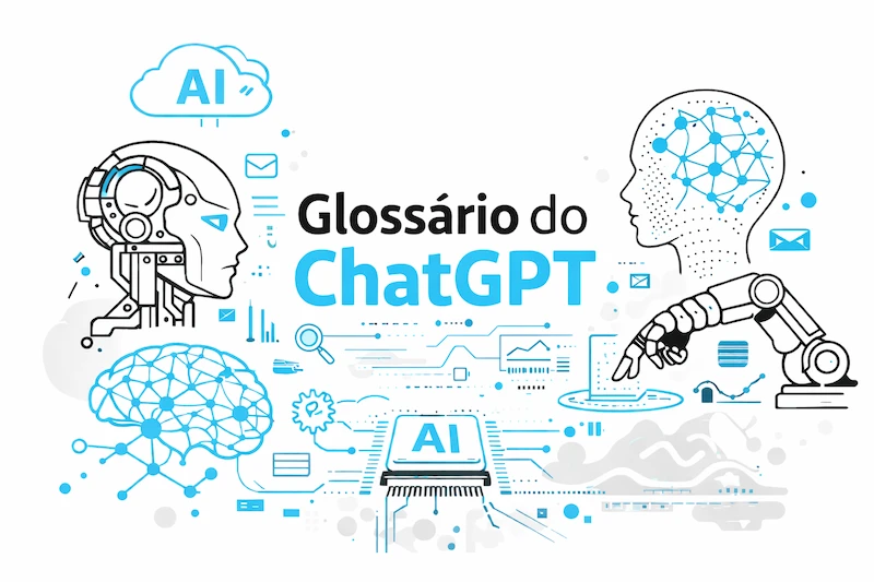 65 principais termos de IA. Ilustração de inteligência artificial e ChatGPT.
