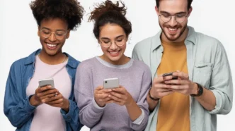 Três pessoas sorrindo enquanto usam smartphones.