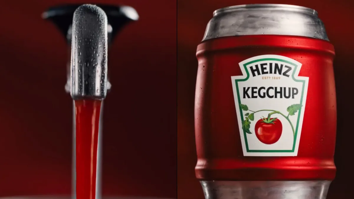 Close-up torneira ketchup fluindo Heinz embalagem redonda.