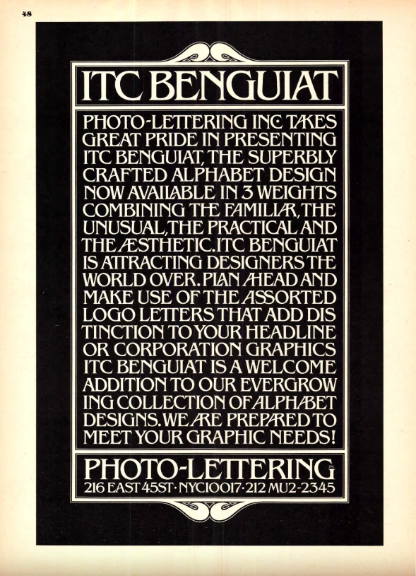 Cartaz tipográfico vintage anunciando fonte ITC Benguiat.