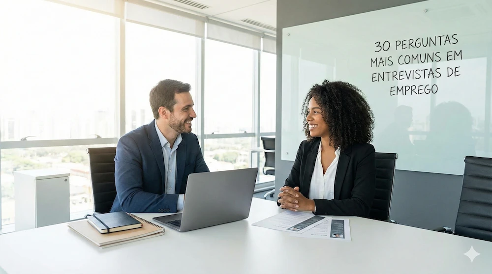 30 Perguntas Mais Comuns em Entrevistas de Emprego. Entrevista de emprego em escritório moderno.