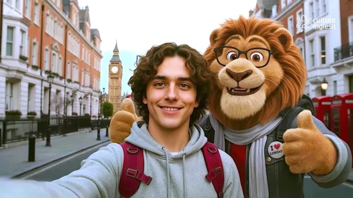 Pessoa e leão mascote em frente ao Big Ben.