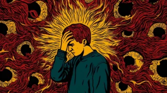 Homem segurando a cabeça, cercado por olhos abstratos.