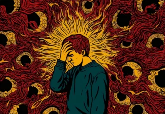 Homem segurando a cabeça, cercado por olhos abstratos.