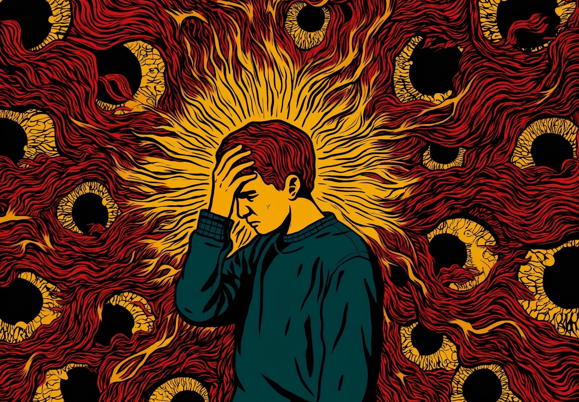Homem segurando a cabeça, cercado por olhos abstratos.