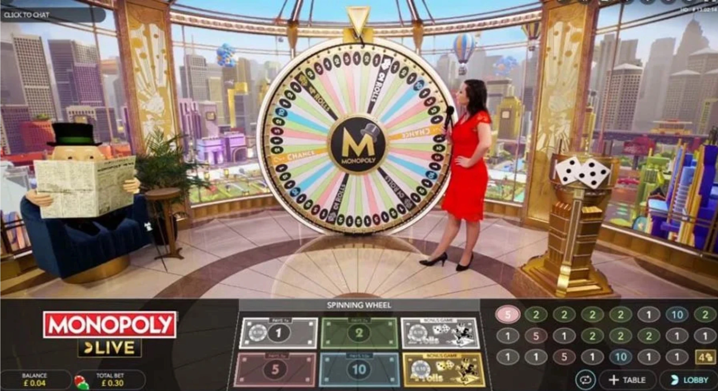 Jogo Monopoly Live em estúdio de roleta virtual.