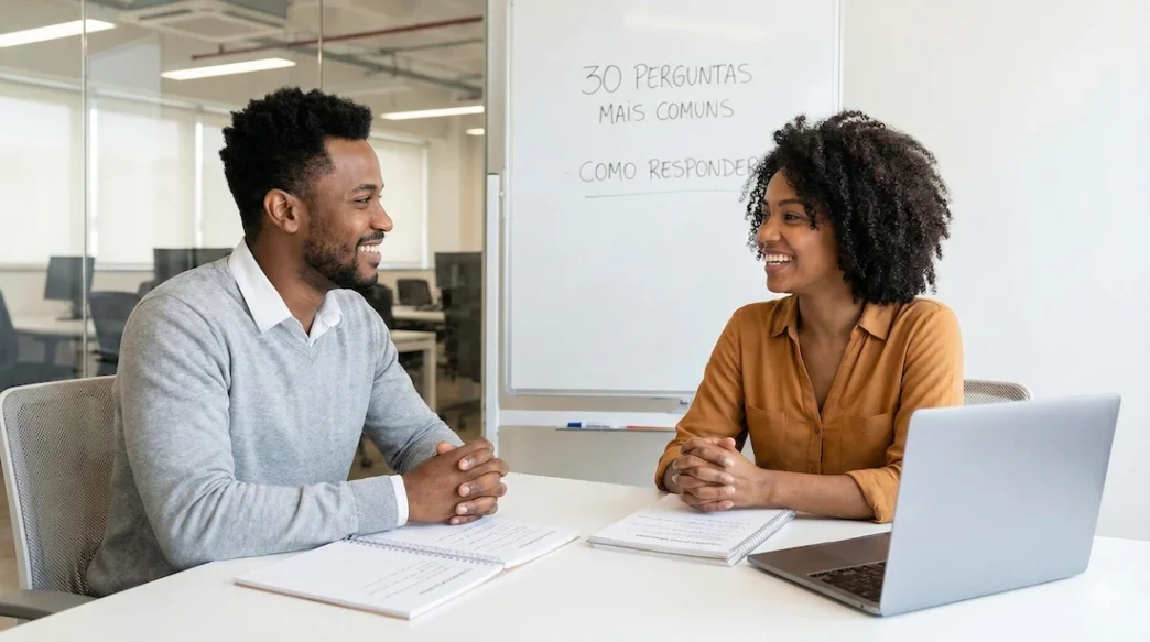 Duas pessoas discutindo questões em uma sala de reunião.